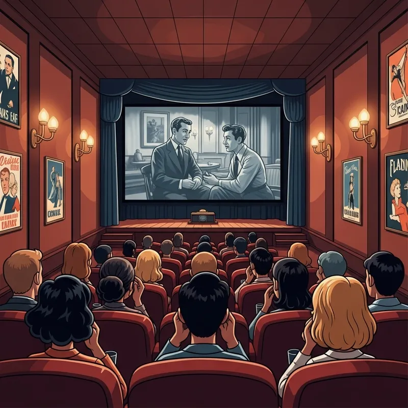 Vintage Cinema Scene with Diverse Moviegoers Vintage Cinema Scene with Diverse Moviegoers