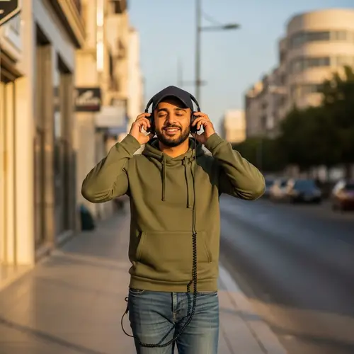Tranquil Middle-Eastern Man Walking in City | Listening to Headphones