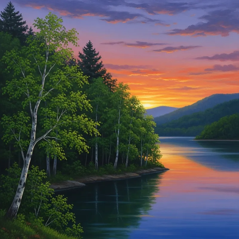 Oil-Painted Serene Forest by Calm Lake at Twilight Oil-Painted Serene Forest by Calm Lake at Twilight