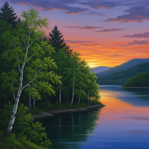 Oil-Painted Serene Forest by Calm Lake