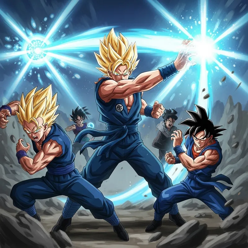 Iconic Anime Characters with Vibrant Action Scenes & Bold Brushstrokes Iconic Anime Characters with Vibrant Action Scenes & Bold Brushstrokes