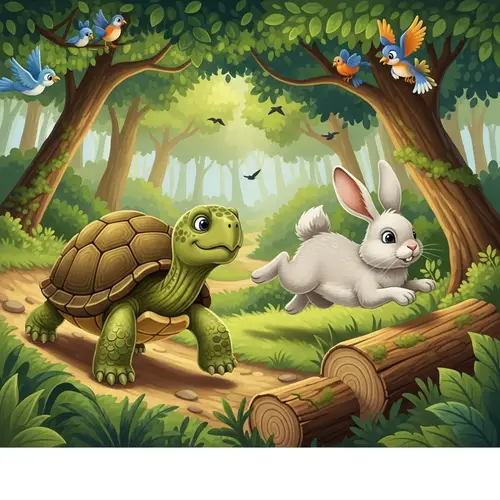 Playful Turtle and Rabbit Race in Lush Forest