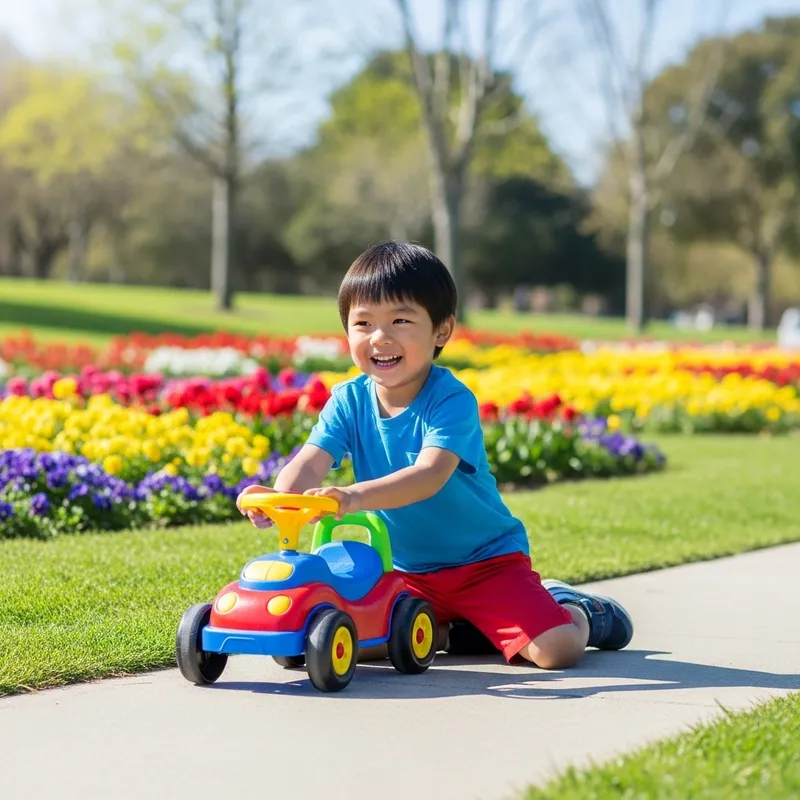 Happy Child Playing with Toy Car Outdoors