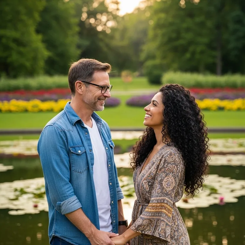 Happy Middle-Aged Man with Hispanic Wife Enjoying Serene Park Moment