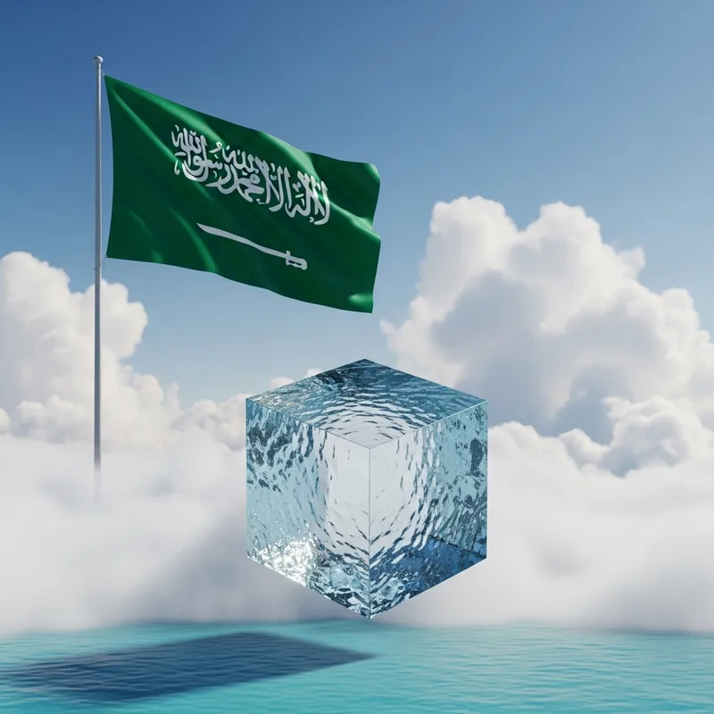 Peaceful Saudi Arabian Landscape with White Clouds and Water Cube