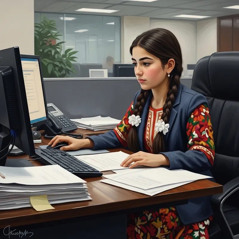 Oil Painting of a Tajik Girl at Workplace in Corporate Setting