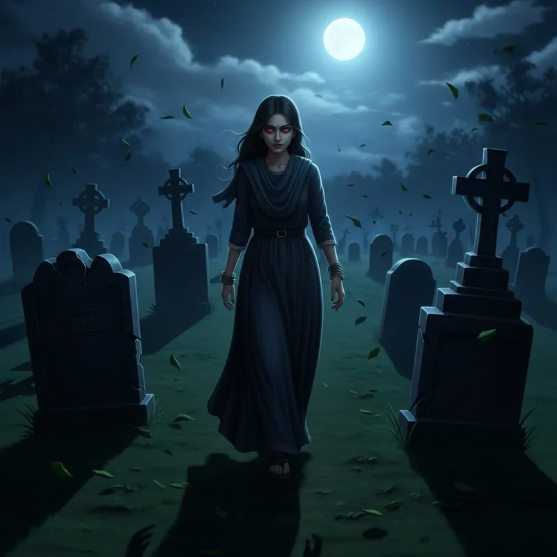 Creepy Girl with Red Eyes Roaming Night Cemetery