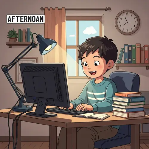 Young East Asian Boy Learning Online at Home