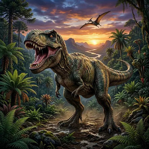 Late Cretaceous Tyrannosaurus Rex in Prehistoric Jungle