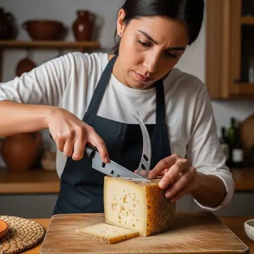 Hispanic Woman Cutting Cured Manchego Cheese | Expertise Illustrated