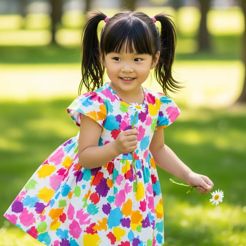 Adorable Little Girl Playful in Sunny Park with Daisy Adorable Little Girl Playful in Sunny Park with Daisy