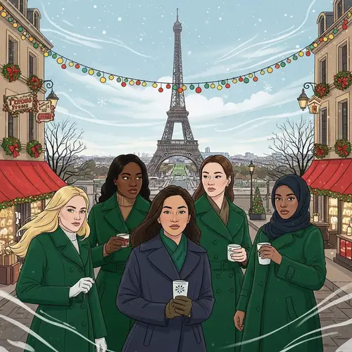 Diverse Women in Green Coats Conspire at Eiffel Tower in Paris
