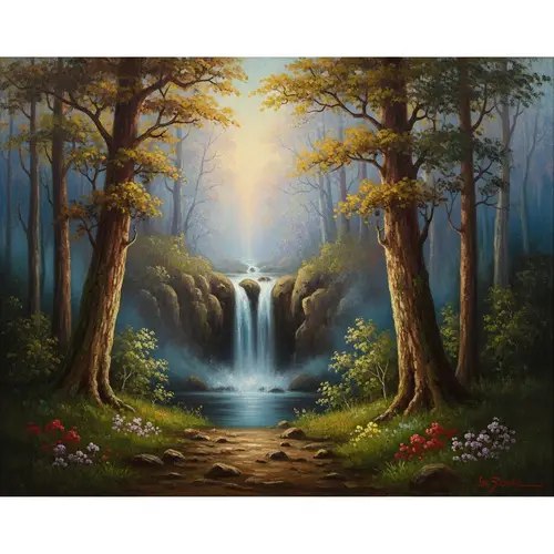 Mystical Forest with Hidden Waterfall - Serene Nature Painting