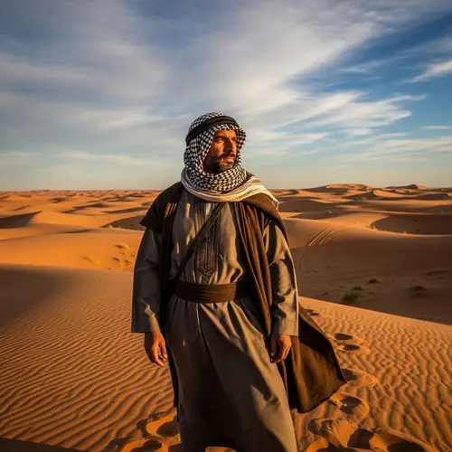 Brave Middle-Eastern Man in Traditional Attire Standing in Desert