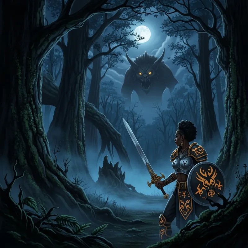 80s Dark Fantasy Art: Enchanted Forest Scene with Black Female Warrior