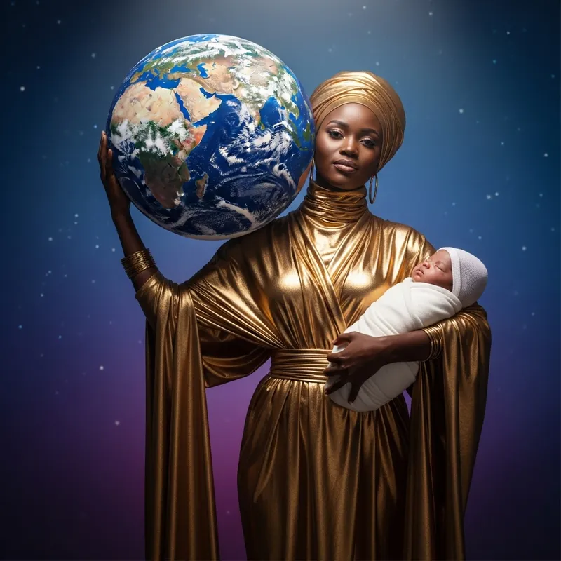 Empowering Black Woman in Gold Modern Outfit with World and Baby