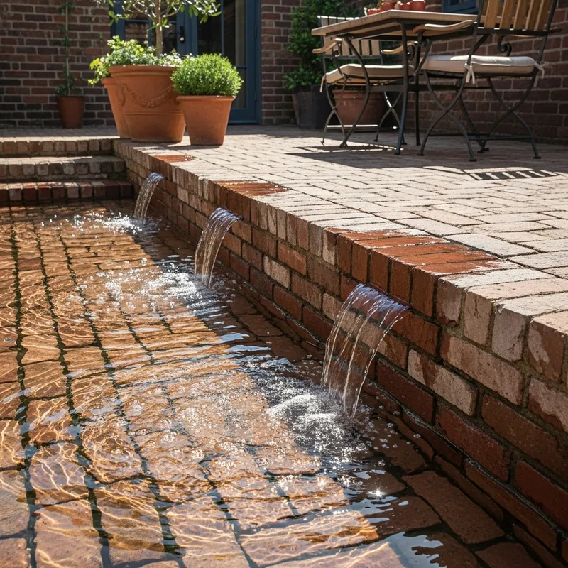 Captivating Patio Design with Rising Water and Charming Brickwork