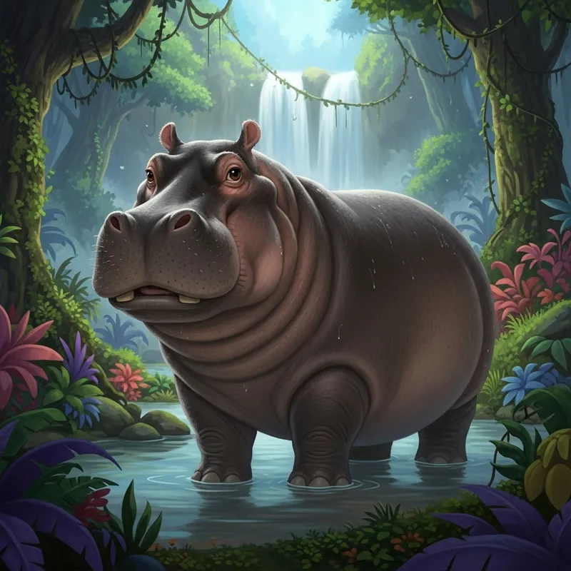 Harold the Cheerful Hippopotamus in Enchanting Jungle Scene