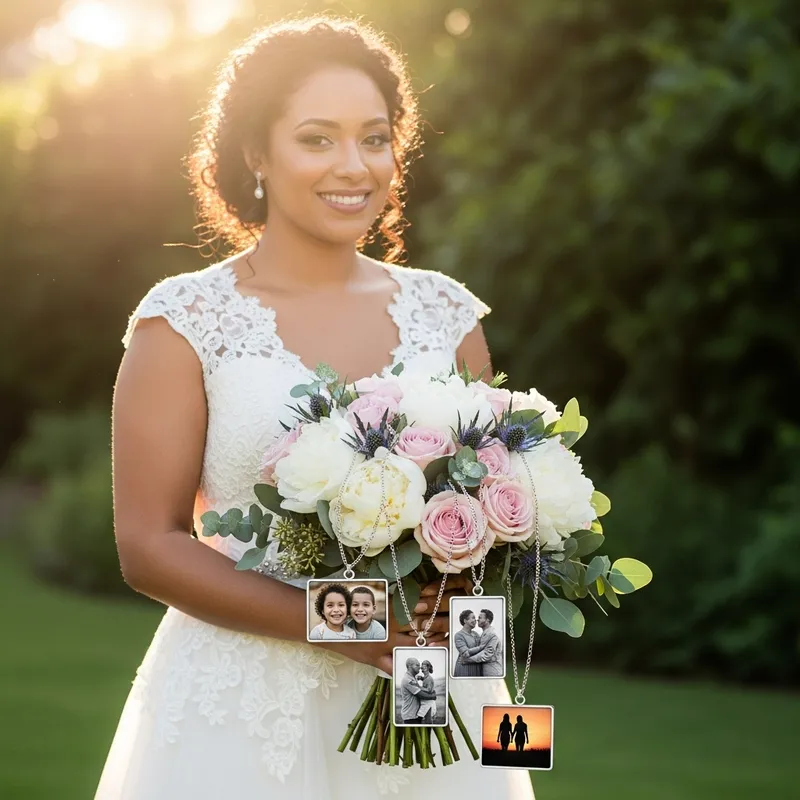 Bride with Bouquet and Photo Charms for Wedding
