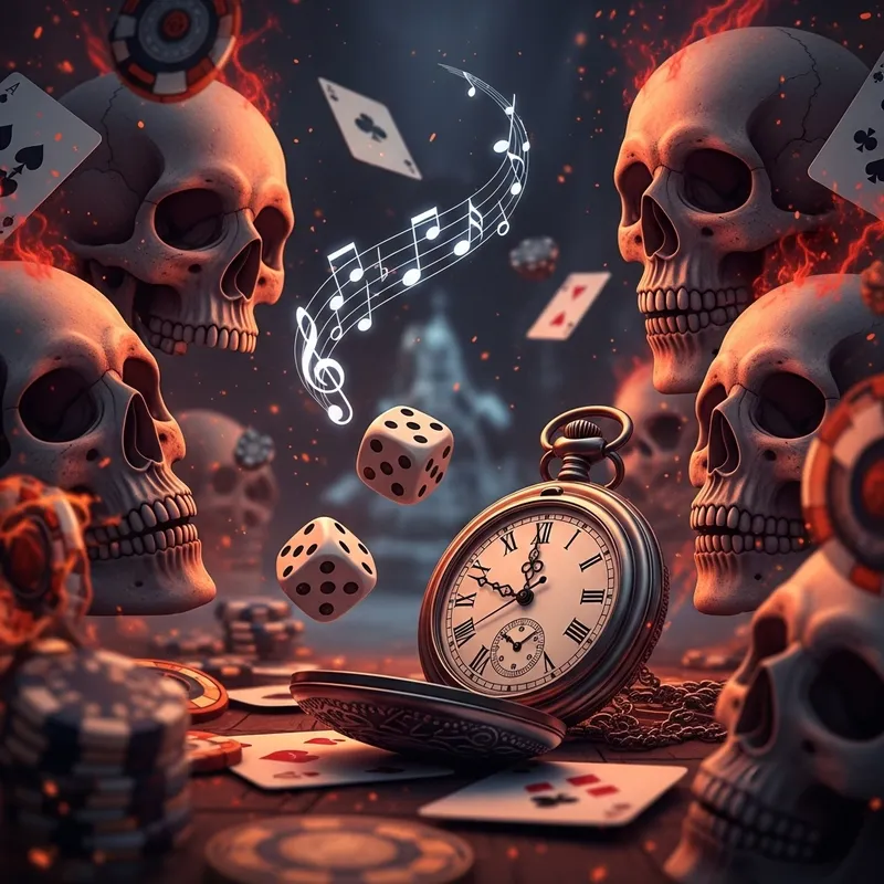 Mystique Scene: Haunting Skulls, Gambling & Music Notes Mystique Scene: Haunting Skulls, Gambling & Music Notes
