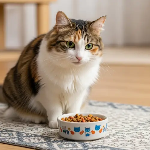 Calico Domestic Cat Enjoying a Meal - Cute and Colorful Scene