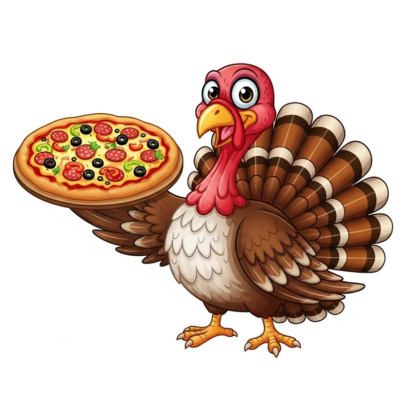 Turkey Cartoon with Pizza - Colorful Illustration