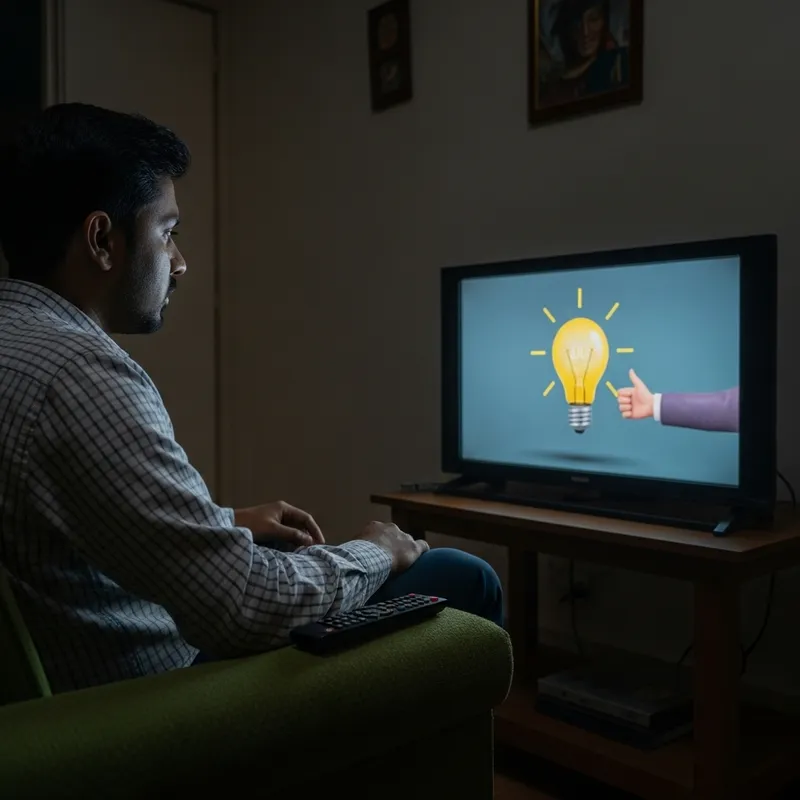 Provocative Image: South-Asian Man Enthralled by TV Light Bulb
