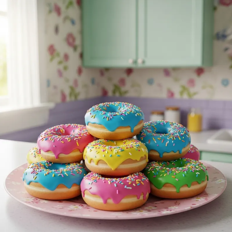 Colorful Glazed Donuts on Pink Plate with Sprinkles