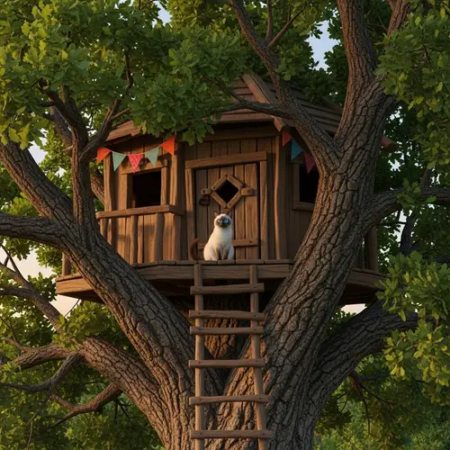 Captivating Tree House with Majestic Siamese Cat