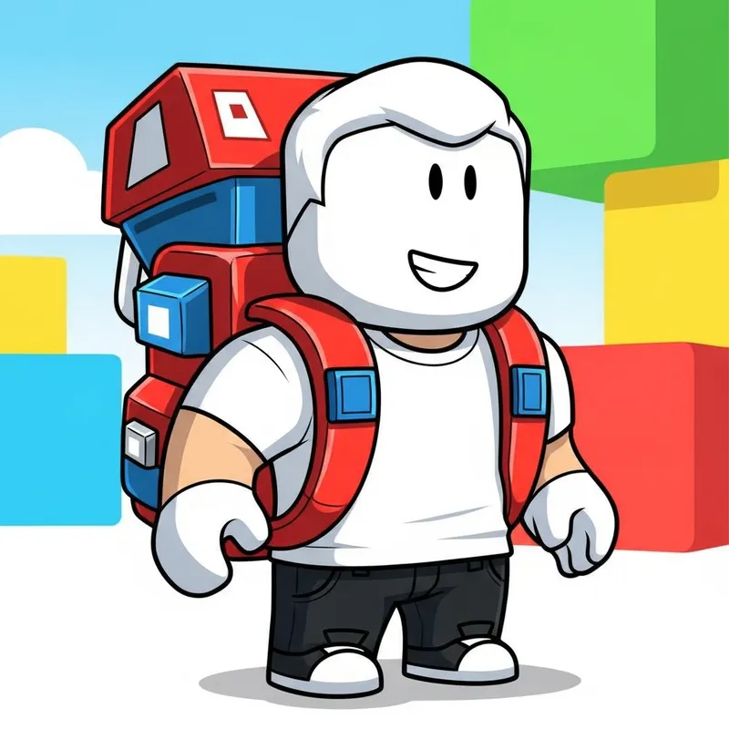 White Roblox Character with Red & Blue Back Accessories