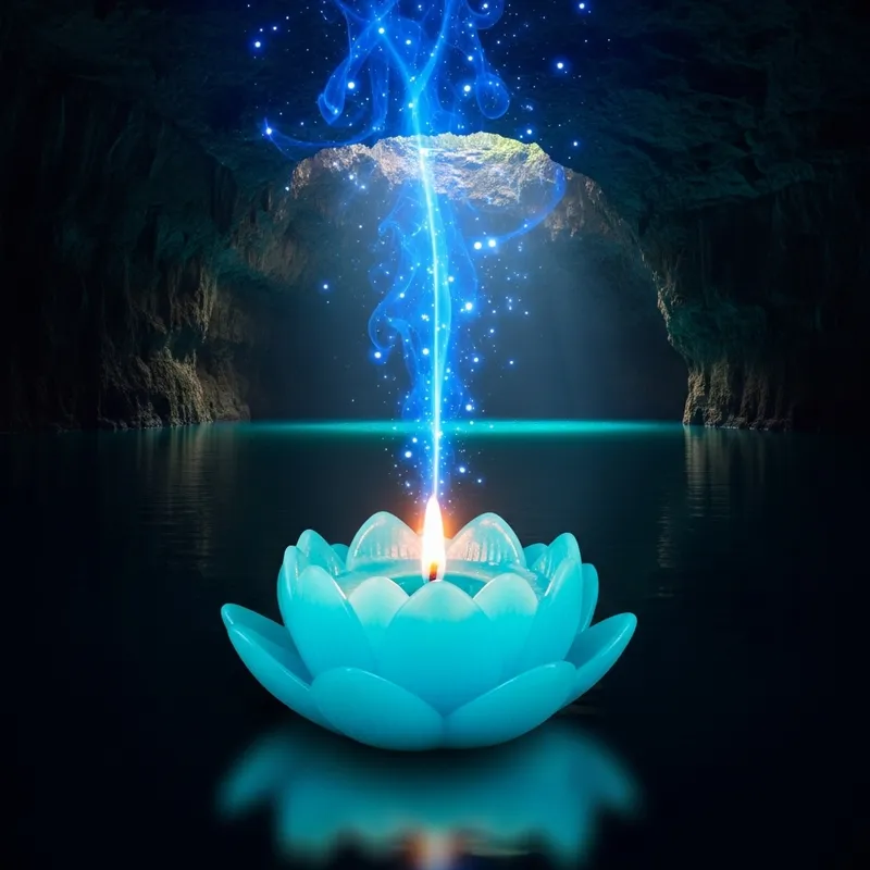 Enchanting Blue Lotus Candle in Deep Dark Cave