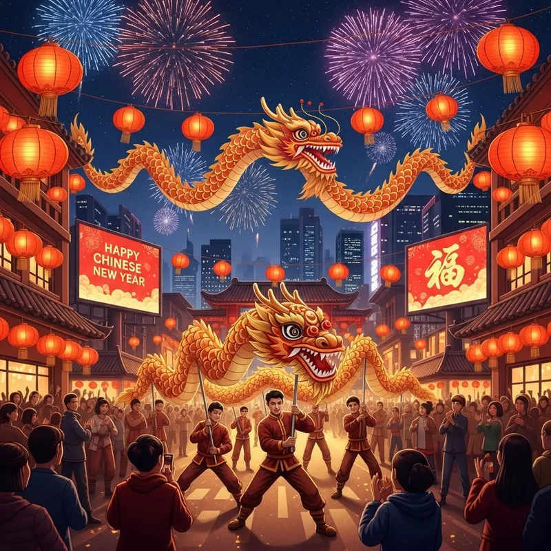 Chinese New Year: Festive Dragon Dance and Greetings