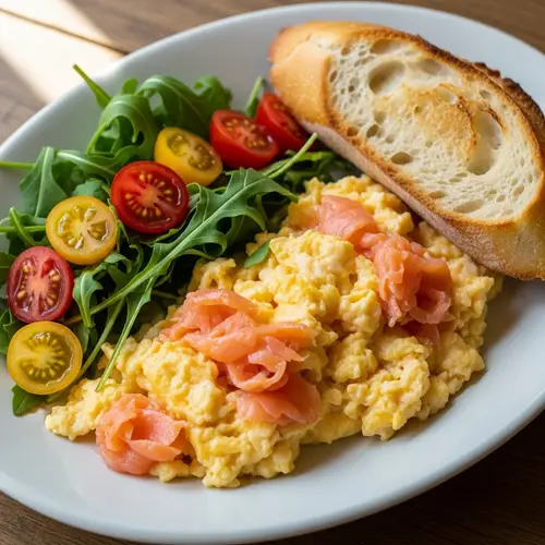 Scrambled Eggs with Salmon and Arugula Delight