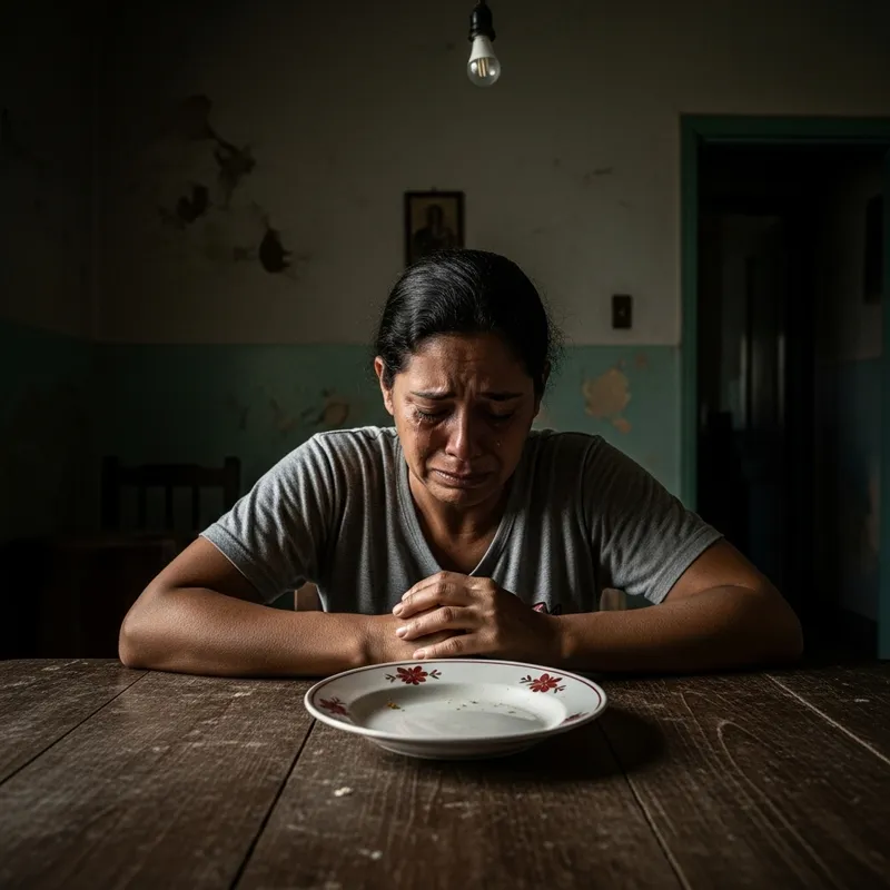 Cuban Person Crying Over Empty Plate | Despair and Hunger