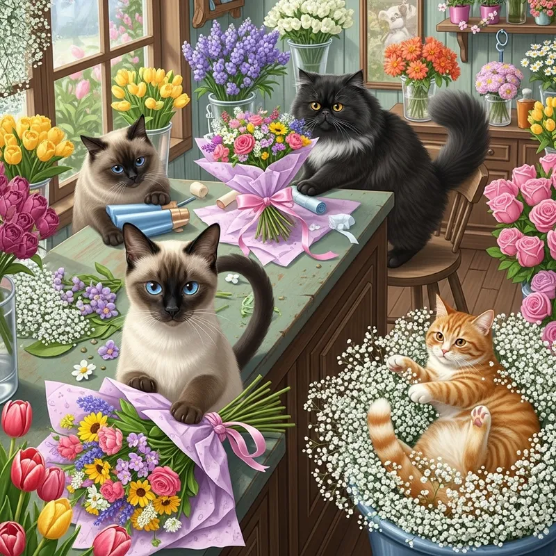 Cats at Work: Enchanting Florist Shop Scenes