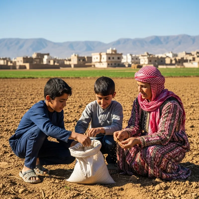 Mother and Sons Farming in Village