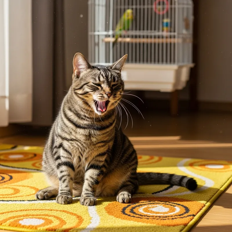 Adorable Tabby Cat Yawning on Vibrant Rug - Delightful Moment