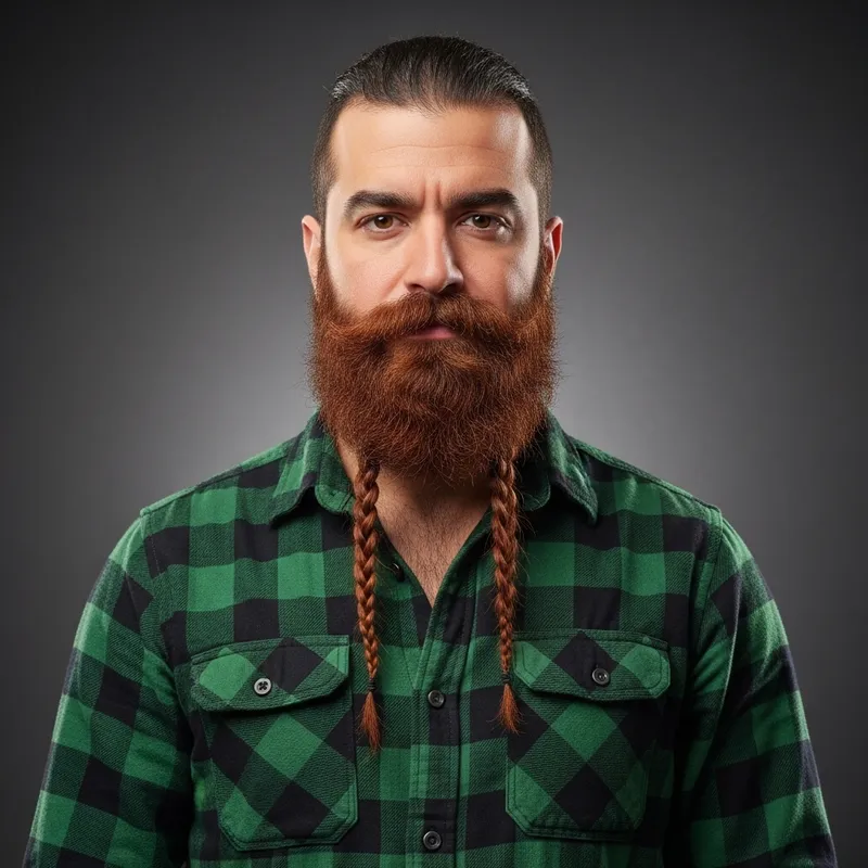 Stylish Lumberjack in Green Plaid Shirt with Red Braided Beard