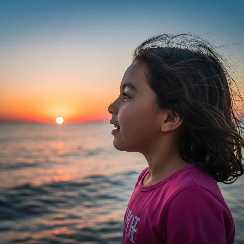 Little Girl Enjoying Sunset by the Seashore