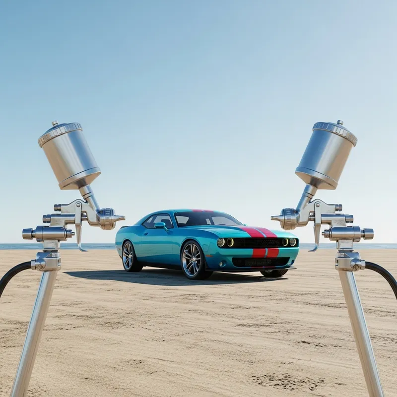 Vivid Muscle Car on Beach with Bodyshop Spray Guns
