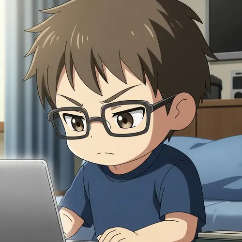 Chipi-Style Anime Boy in Dark Blue T-Shirt Working on Laptop