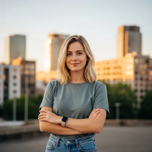 Relaxed Urban Style: Smiling Caucasian Woman in Casual Attire
