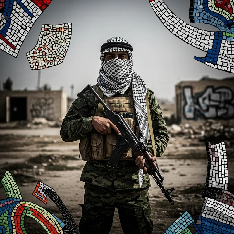 Confident Guerrilla Soldier in Barren Wasteland with Abstract Graffiti