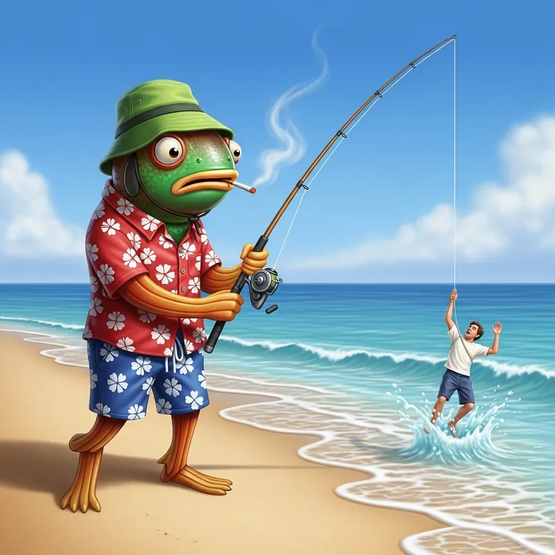 Fishing Fish in Tropical Outfit at Seashore | Unique Illustration