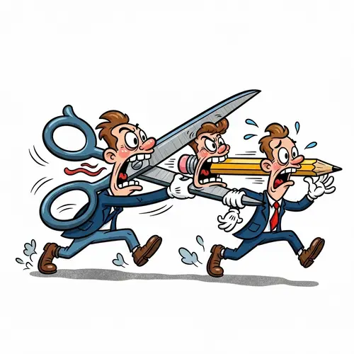 Quirky Cartoon Scene with Scissors Chasing Pencil