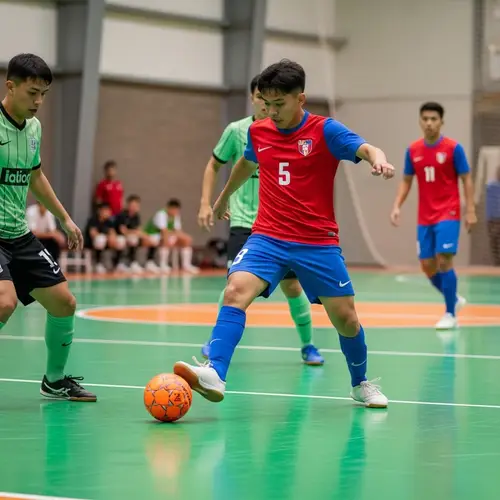 Dynamic Futsal Player Dribbling in Zigzag Pattern