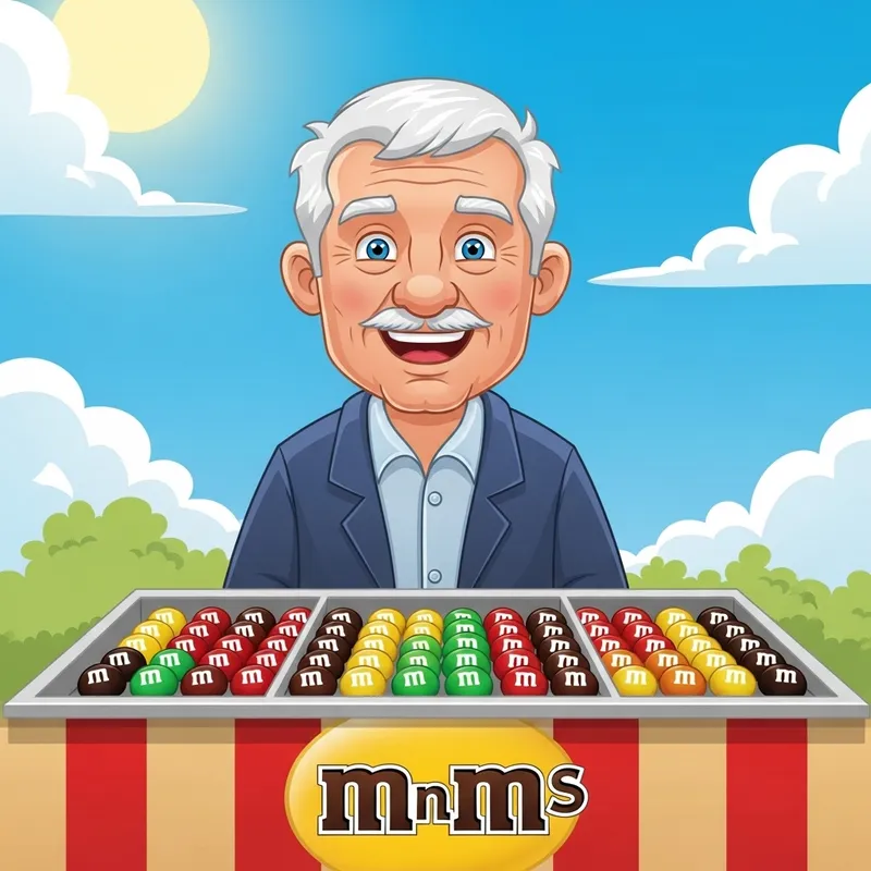 Cartoon Older Man with Colorful MnM Stand | Joyful Character Cartoon Older Man with Colorful MnM Stand | Joyful Character