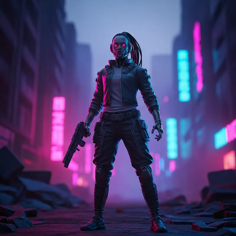Futuristic Cyborg in Neon City - Cyberpunk Universe