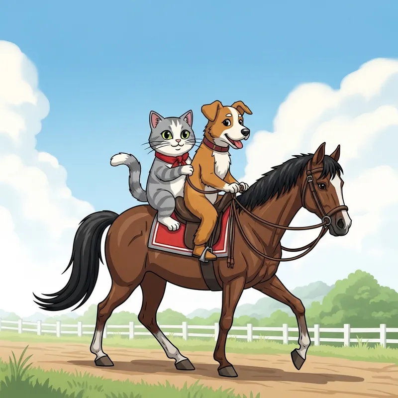 Cat and Dog Riding on Horse