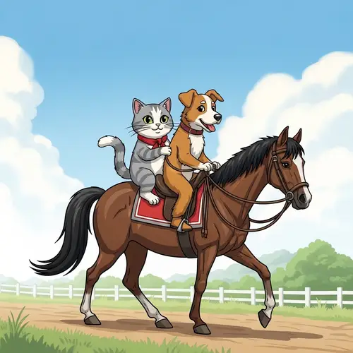 Cat & Dog Riding on Horse